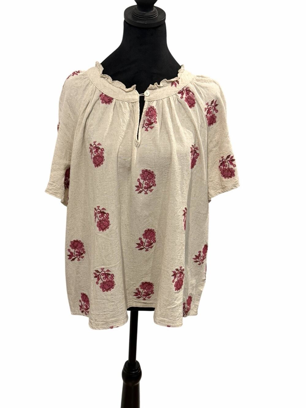Solitaire Women’s Linen Blend Peasant Blouse SZ 2X Boho Floral Stitch Ruffle